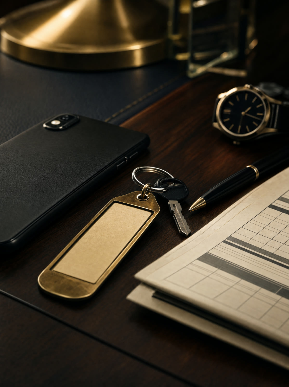 A brass key tag, a phone, a watch, and a worksheet on a manager's dark wood desk