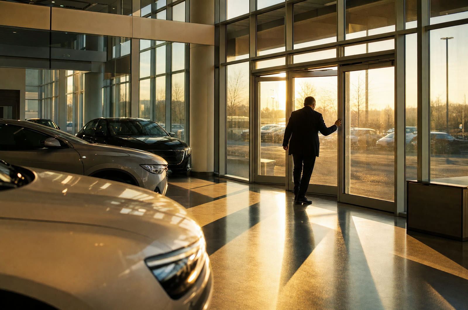 A manager opens the glass doors of a dealership showroom at sunrise
