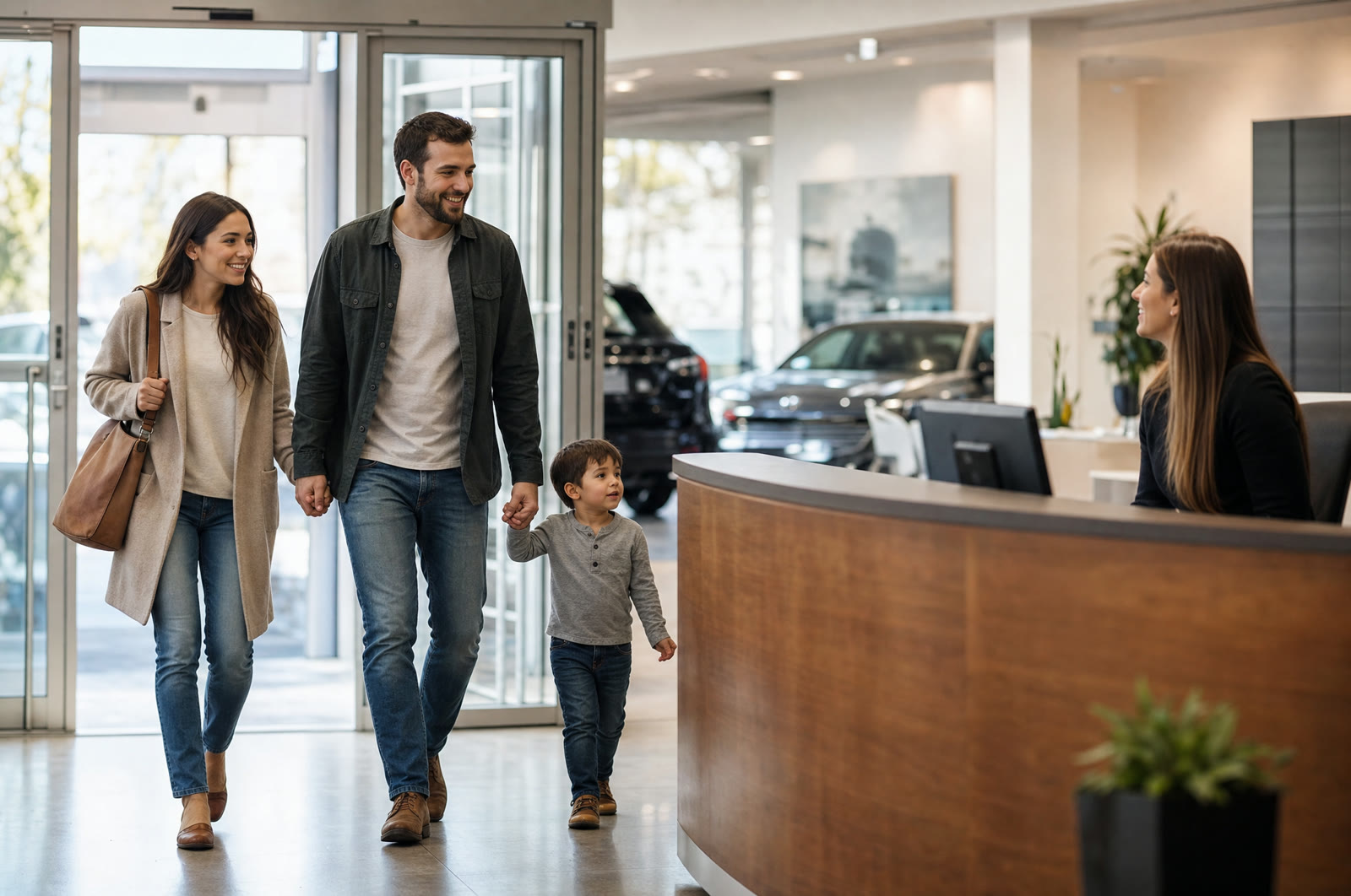 A family walks into a dealership toward the reception counter