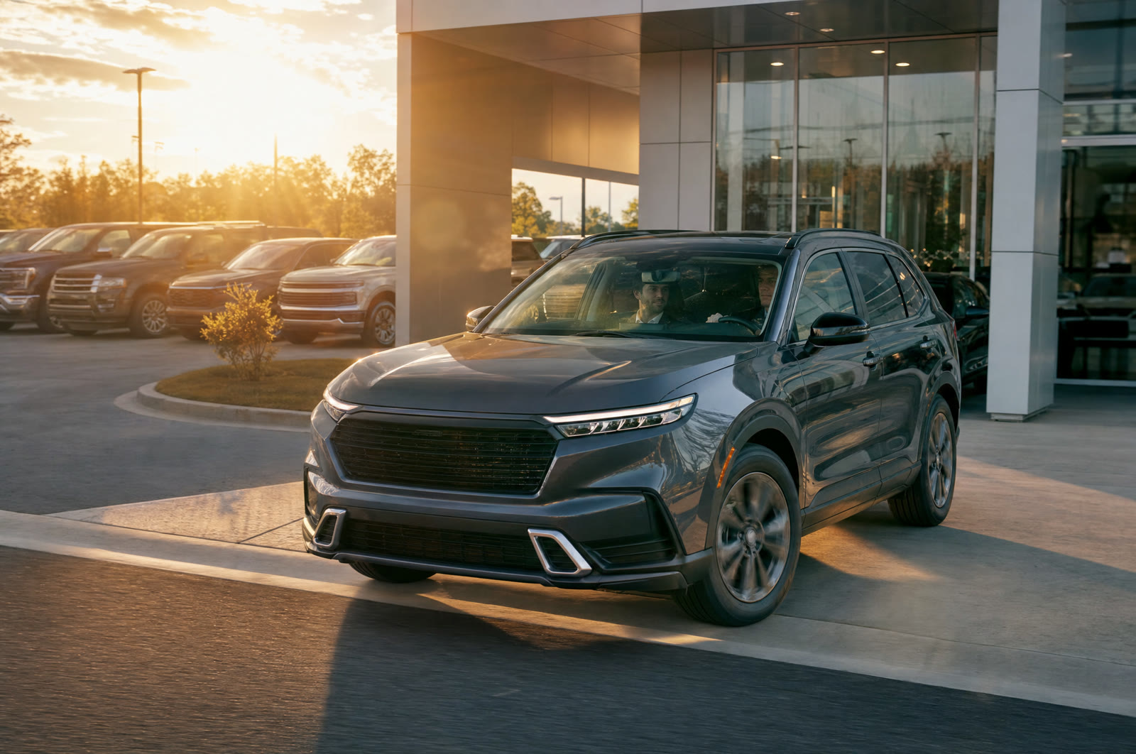 A gray crossover pulls out of a dealership lot on a test drive in afternoon light