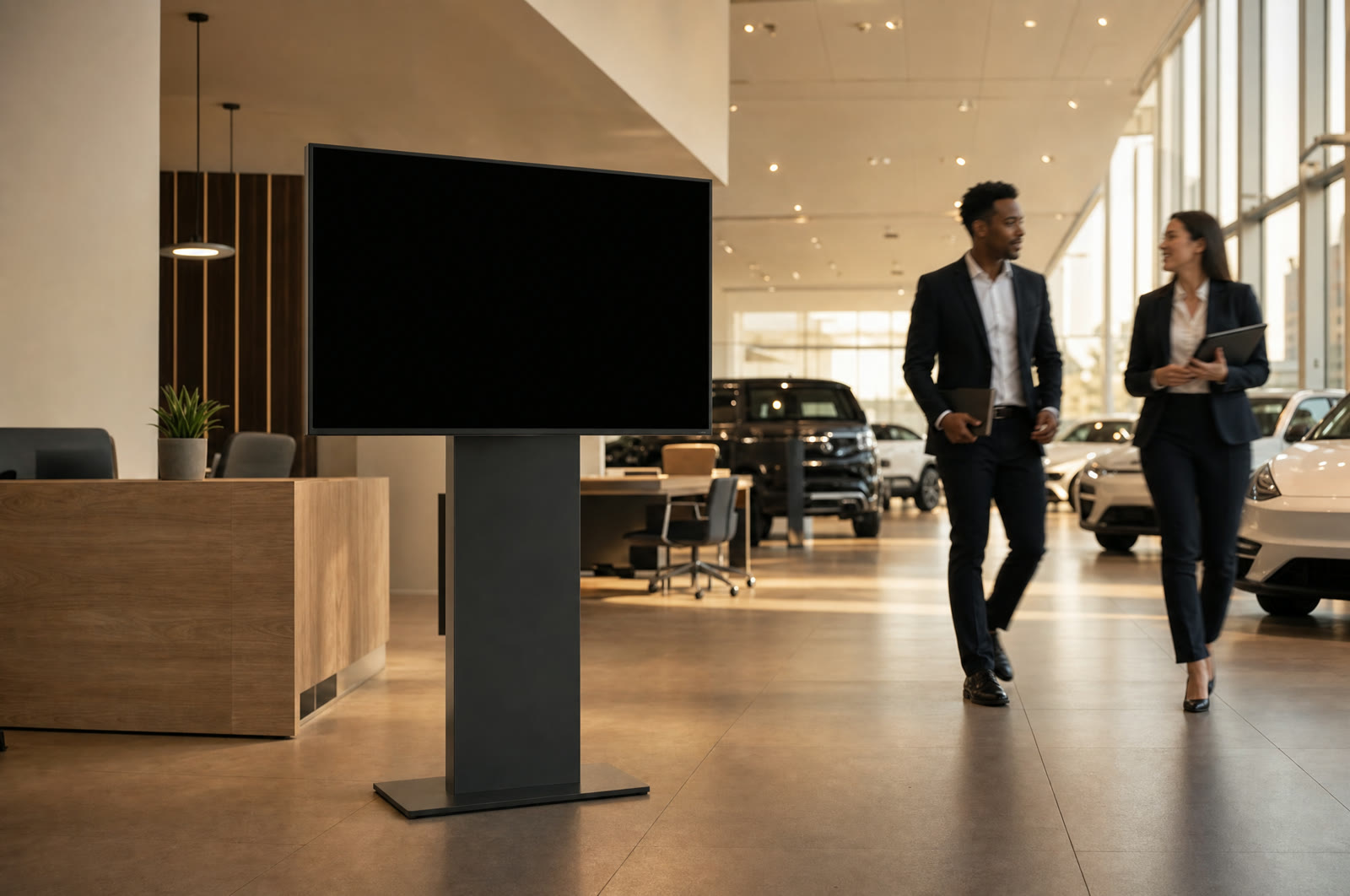 A wall-mounted display on a stand in a showroom with two salespeople walking past