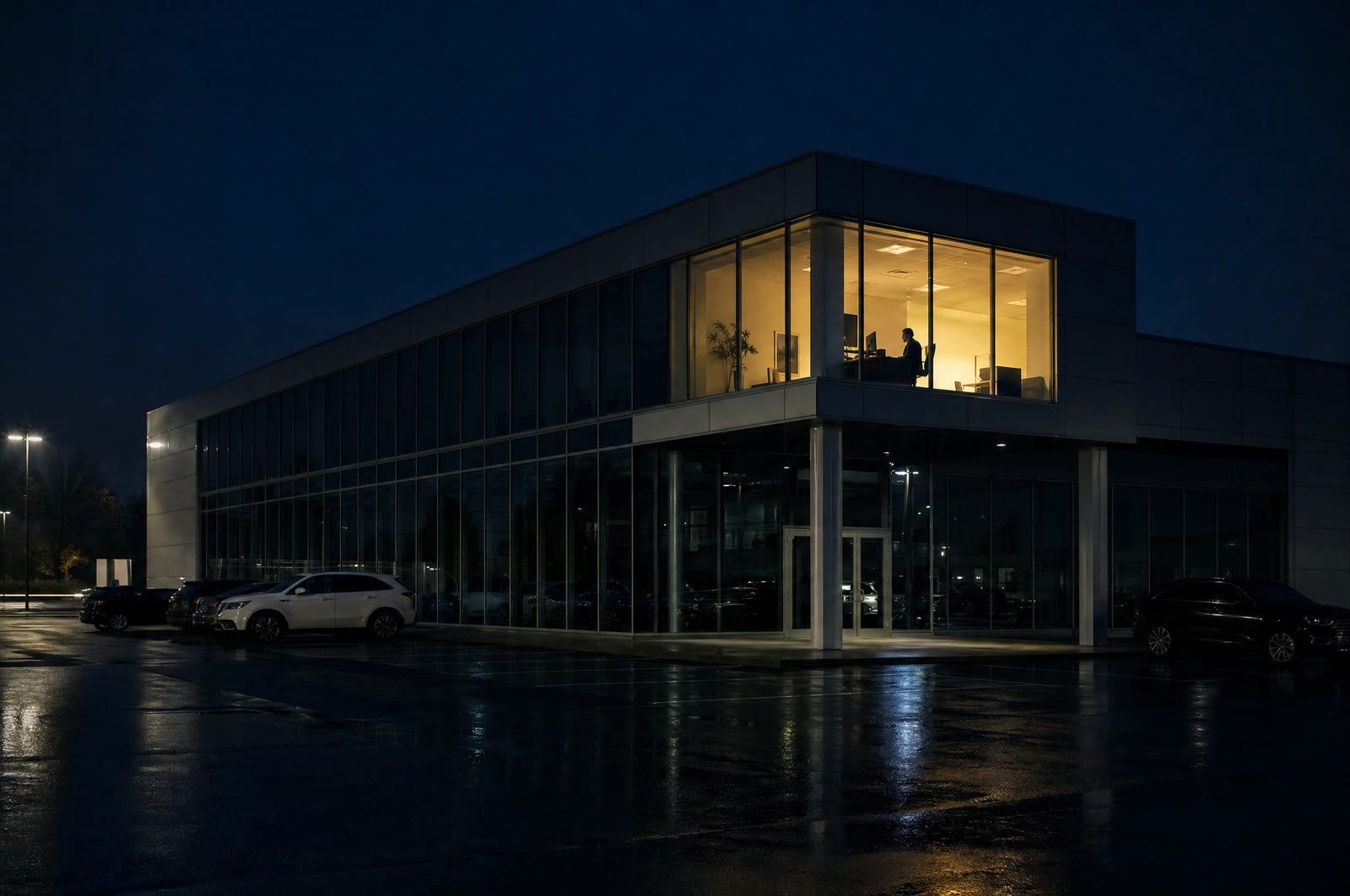 A dealership at night with one lit office where a manager reviews the day