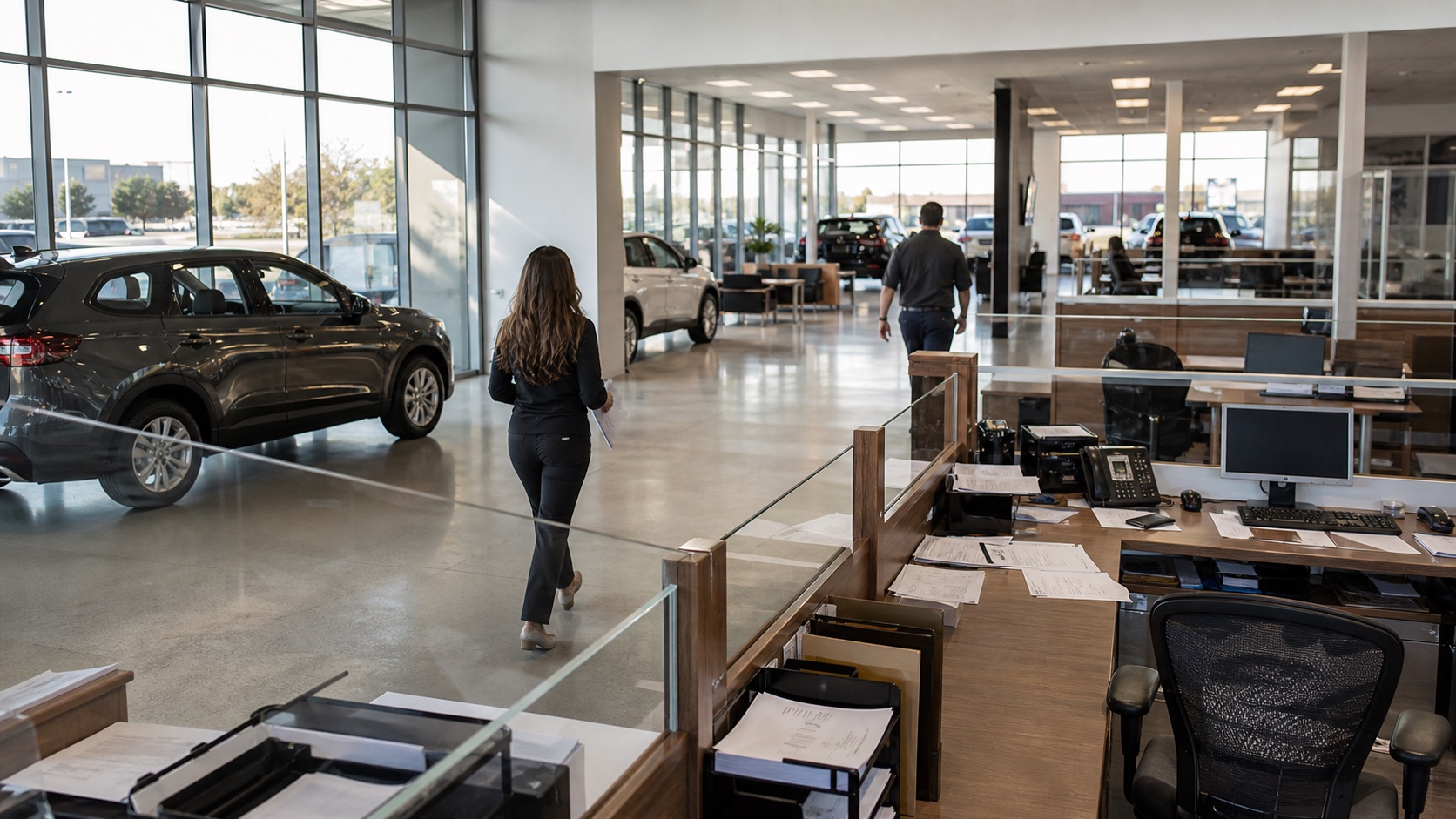 A bright dealership showroom viewed across desks and sales-floor zones as two staff members move through the operation