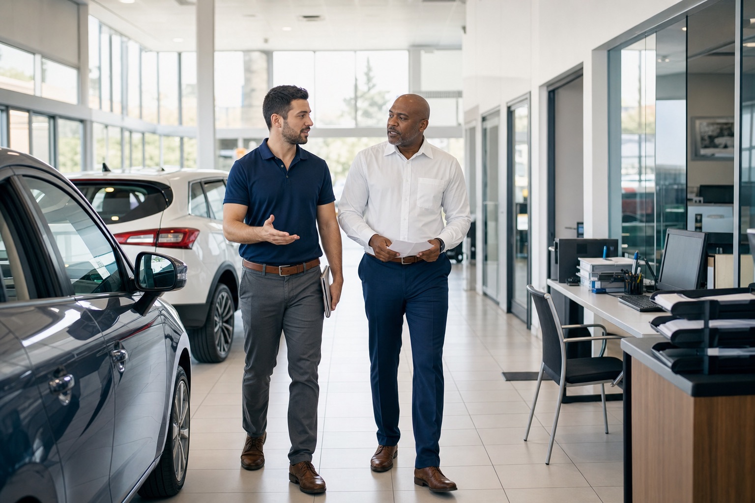 Two dealership staff members coordinate while walking together across a bright sales floor