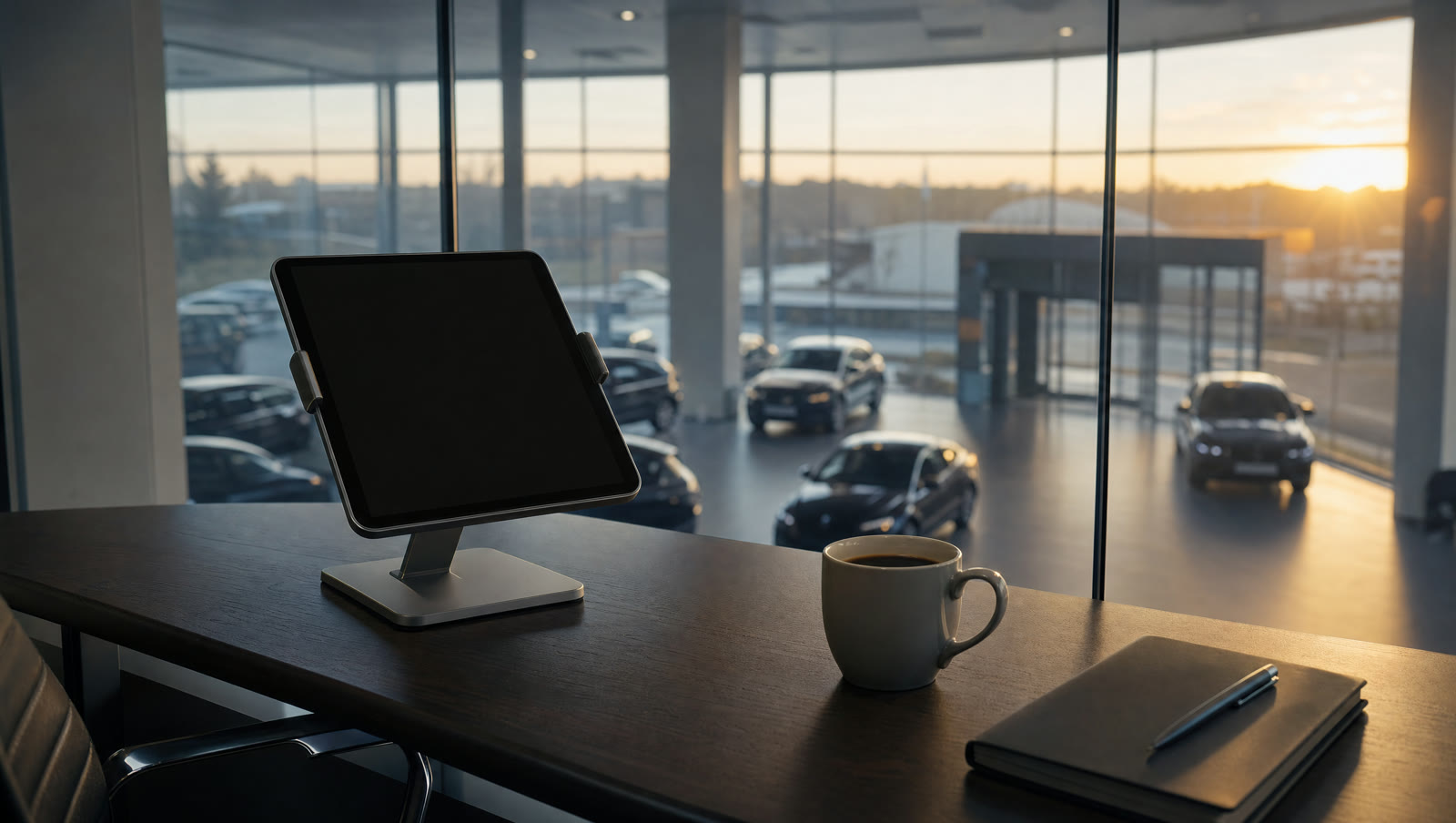 A tablet on a stand and a cup of coffee on a tower desk at dawn, the empty showroom below