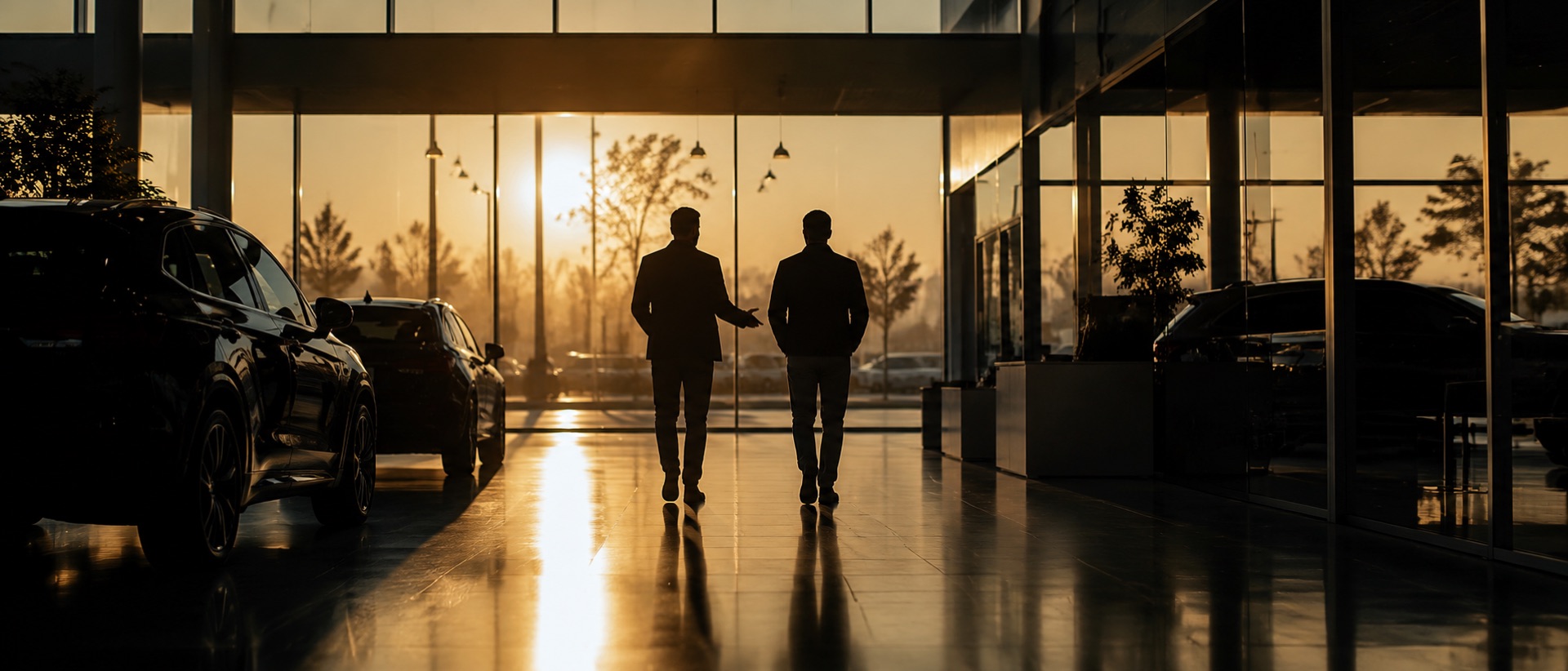 Two silhouetted figures walking a dealership showroom floor together at sunrise