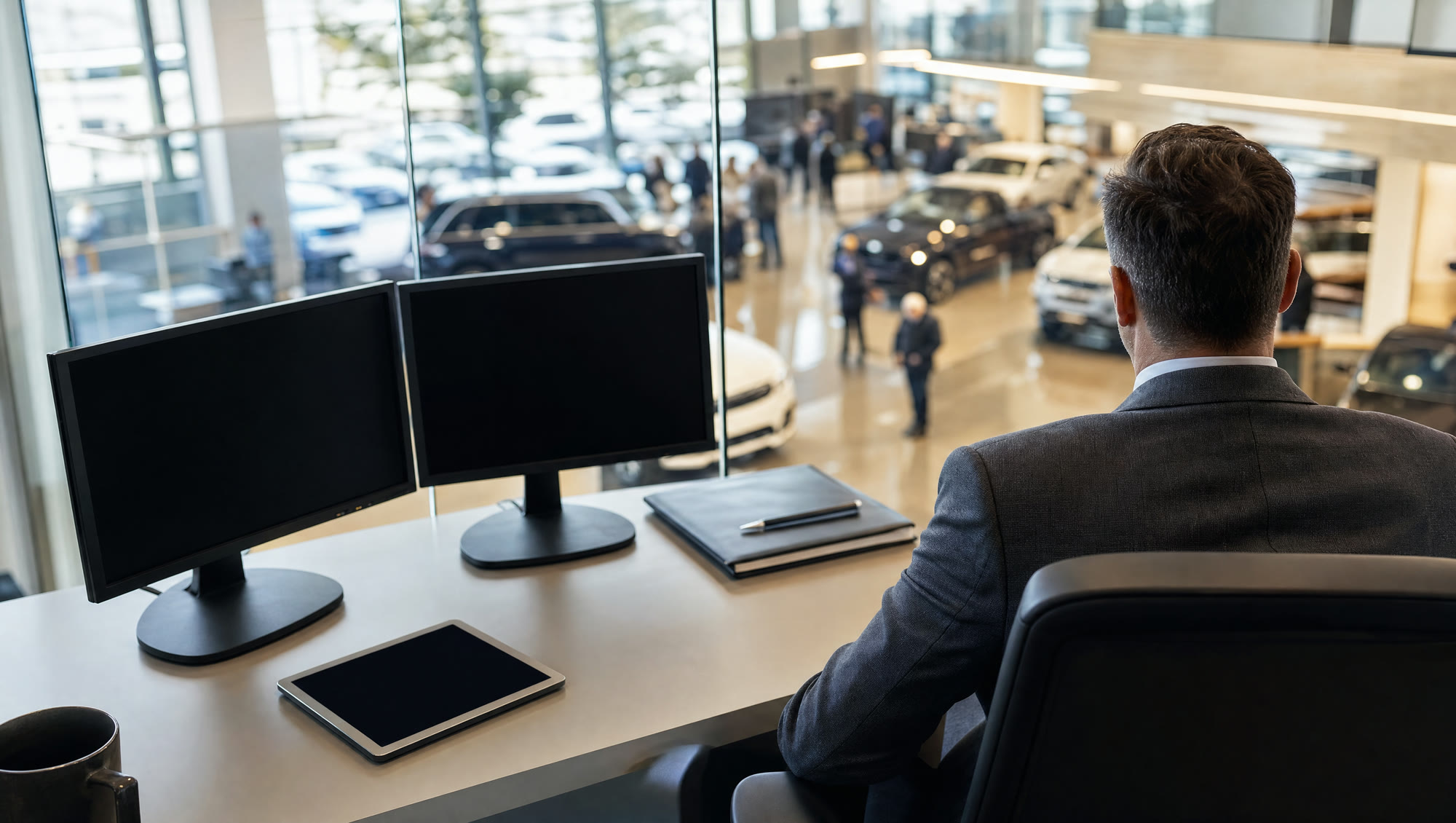 Over the shoulder of a general manager at a tower desk, the showroom floor visible through glass