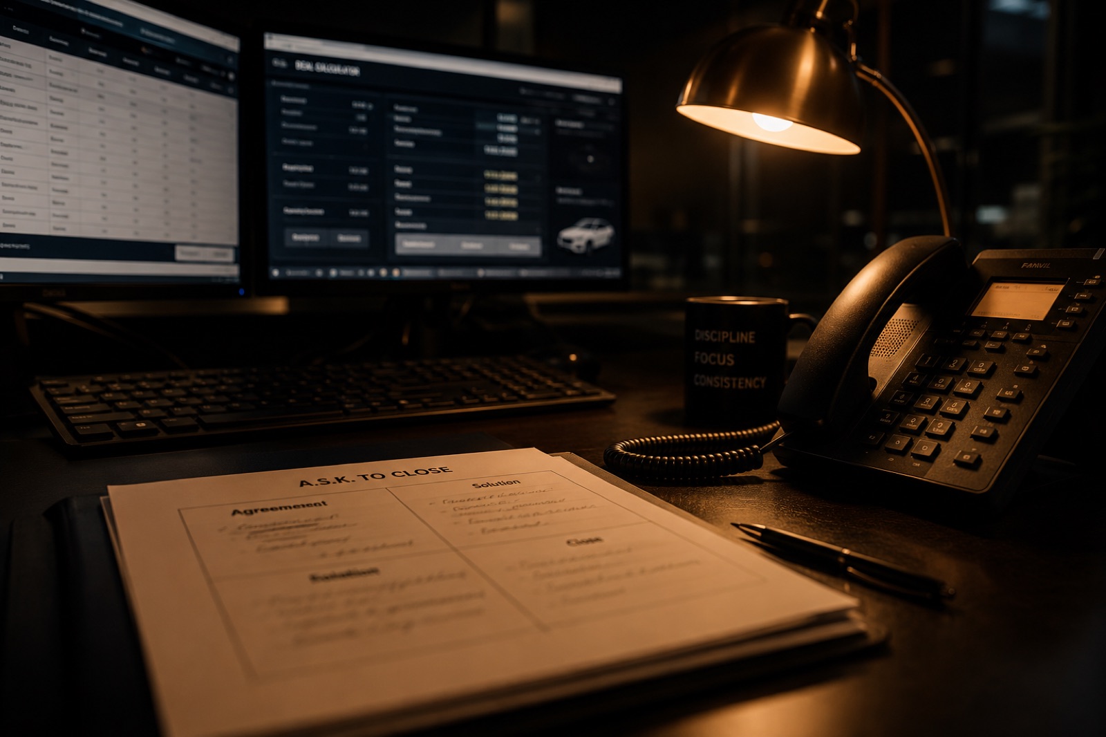 A dealership desking station with glowing monitors, a desk phone, and a printed worksheet