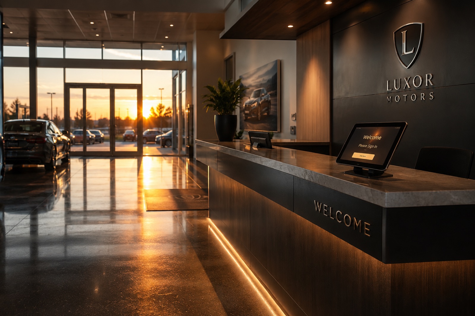A dealership reception counter seen from the entrance in warm evening light