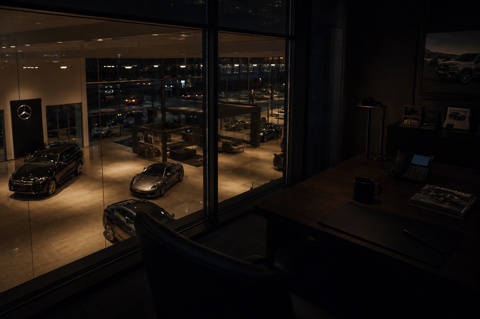 View from an elevated sales tower office overlooking a dealership showroom floor at night