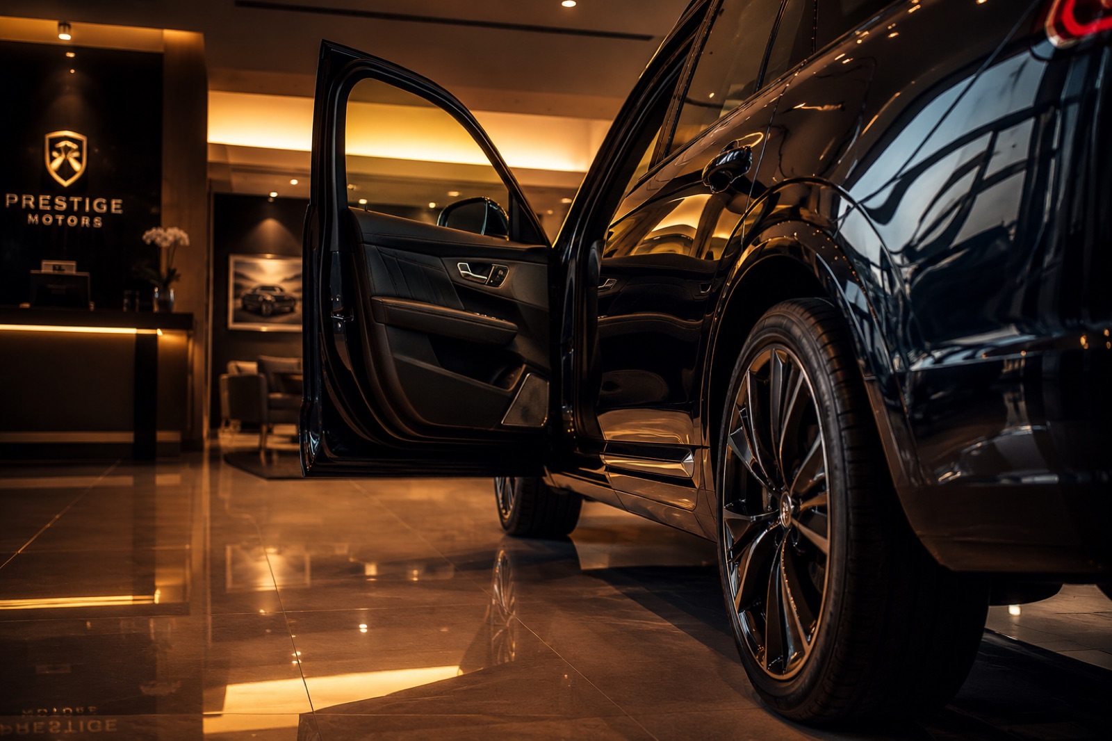 A vehicle on a showroom floor with its door open, catching warm overhead light
