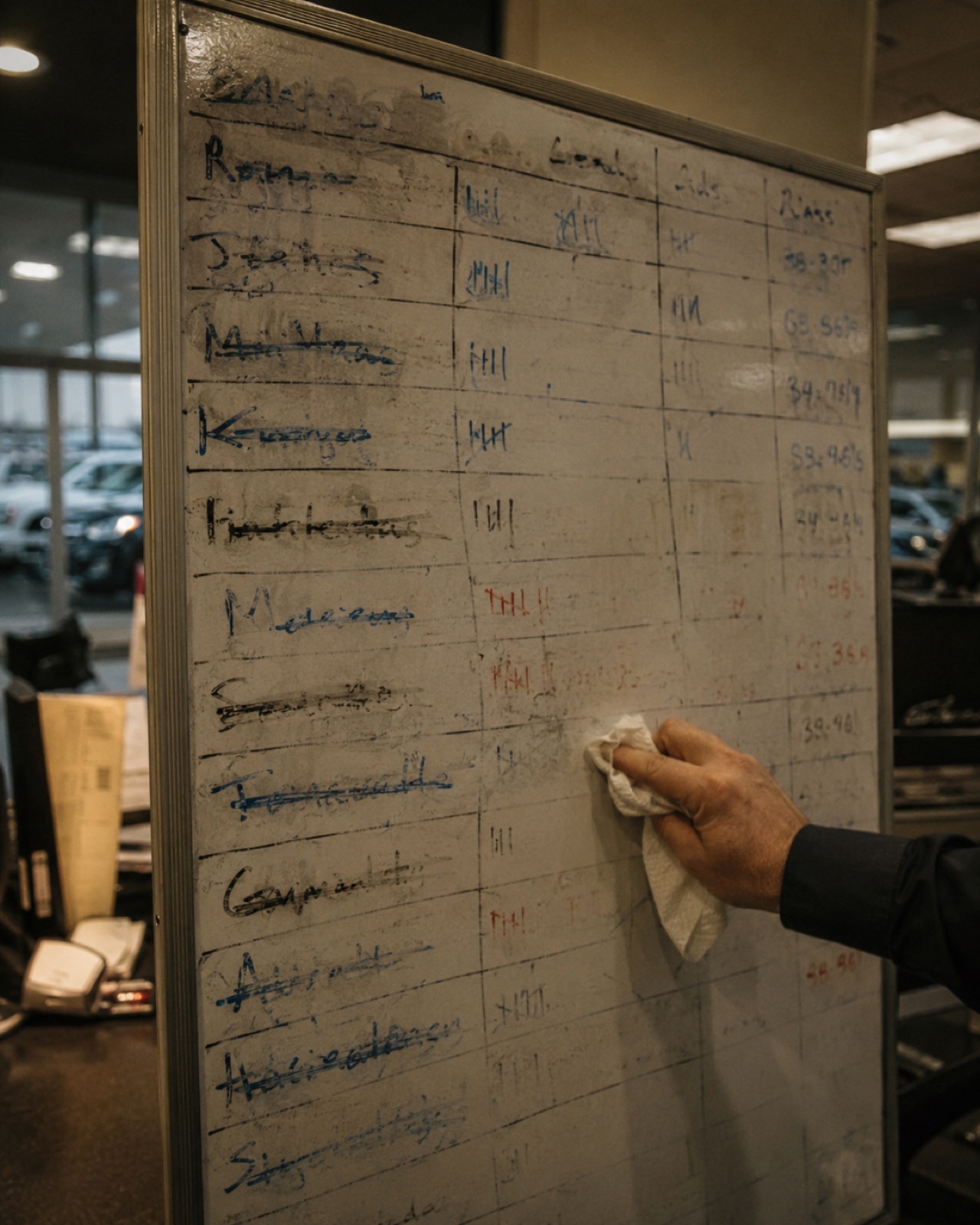 A hand erases a crowded dealership up-list whiteboard